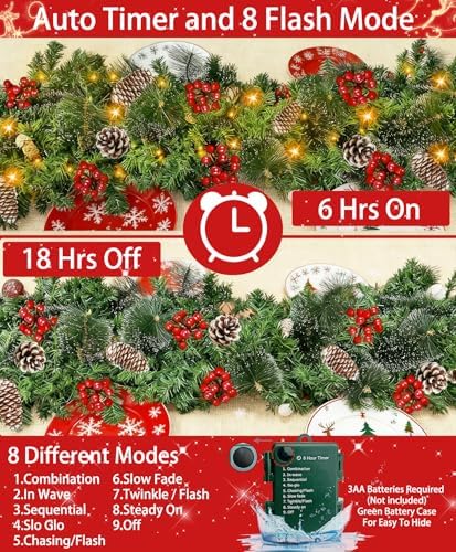 [ Timer & 8 Modes ] 9 Ft by 10 Inch 50 LED Prelit Christmas Garland Decorations Warm White Lights Thick 270 Snowy Tips 70 Red Berry 10 Pinecone Xmas Decor Garland Indoor - Image 3