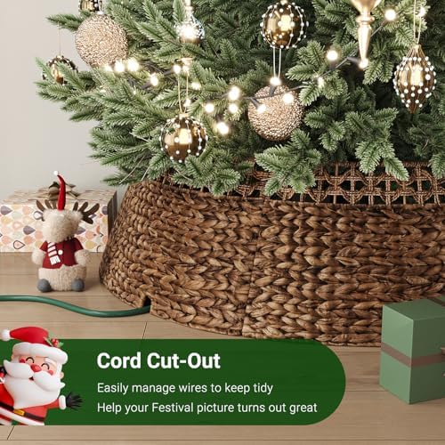 ELYKEN 42 Inch Woven Rattan Christmas Tree Collar, Stylish Seagrass & Water Hyacinth Xmas Tree Skirt for Artificial Trees, Wicker Tree Base Cover with Cord Cut-Out Farmhouse Tree Ring for Home Decor - Image 4