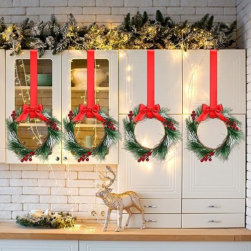 Crowye 6 Pcs Mini Christmas Wreaths Kitchen Cabinet Door,Red - Image 4