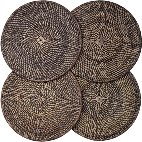 4-Pack Rattan Placemats - 13-inch Round Placemats (Blackwash) - Woven Place Mats, Round Table Mats - Wicker Chargers for Dinner Plates, Plate Chargers Boho by Decvel