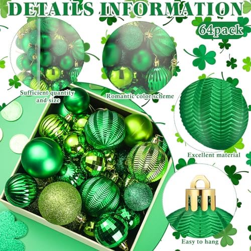 Lunmon 64 Pcs St. Patrick's Day Ball Ornaments Glitter Matt Lime Green Assorted Plastic Irish St. Patrick's Day Decoration for Xmas Tree & Party Supplies - Image 4