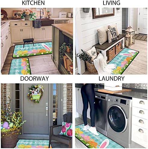 2 Pcs Easter Kitchen Rugs and Mats for Floor Non-Slip Backing Easter Eggs Bunny Mat Easter Outdoor Decorations Anti Fatigue Kitchen Rug Sets with Runner (Happy Easter 03, 17"x47.2"+17"x30") - Image 6