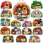 16Pcs Interchangeable Welcome Sign for Front Door Decor, Wreaths for Front Door, 12 Inch Magnetic Round Wooden Door Hanger, Farmhouse Porch Decor for Spring Summer Fall Winter Christmas (Style-1) by Unknown