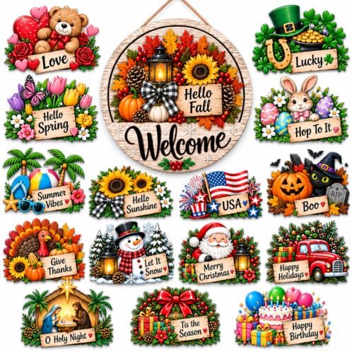 16Pcs Interchangeable Welcome Sign for Front Door Decor, Wreaths for Front Door, 12 Inch Magnetic Round Wooden Door Hanger, Farmhouse Porch Decor for Spring Summer Fall Winter Christmas (Style-1) by Unknown