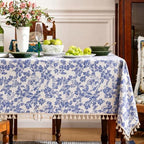Cotton Vintage Floral Tablecloth Tassel Trim Navy 60x120 by Unknown