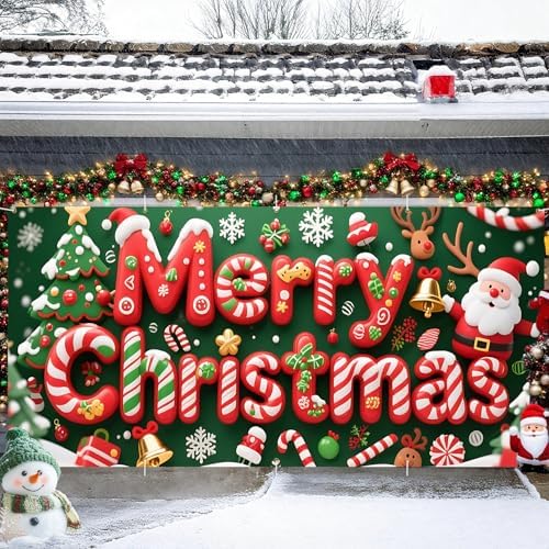 Traditional Christmas Garage Door Banner 16x7 Ft - Merry Christmas with Classic Decor for Double Car Garage Outdoor Indoor Holiday Decor by THISFIND