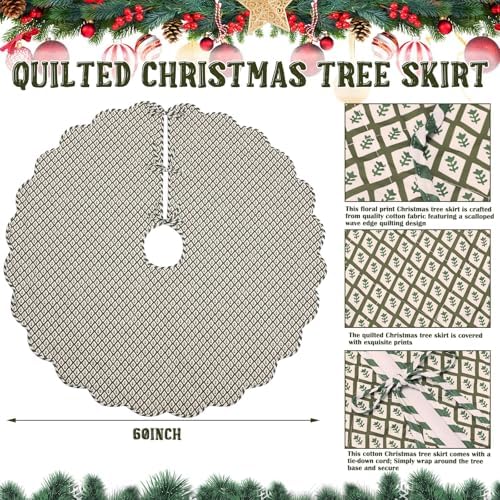 MiniInflat Quilted Christmas Tree Skirt - Vintage Floral Block Print Christmas Tree Skirt with Scalloped Edge Thicken Cotton for Home Decorations Holiday Party Gift(60 Inch,Plaid Floral,Green) - Image 2