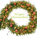 9FT Red Gold Christmas Garland Prelit with 70 Lights Plug in,Decor for Fireplace Stairs Mantle Door Indoor Outdoor - Image 6