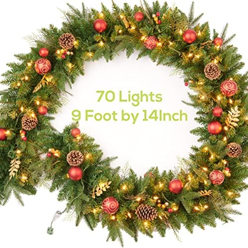 9FT Red Gold Christmas Garland Prelit with 70 Lights Plug in,Decor for Fireplace Stairs Mantle Door Indoor Outdoor - Image 6