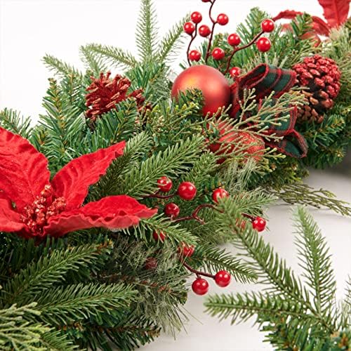9Ft Red Poinsettias Pre-lit Christmas Garland 70 Lights Plug in,Holiday Decoration Fireplace Stairs Mantle Door Indoor Outdoor - Image 4