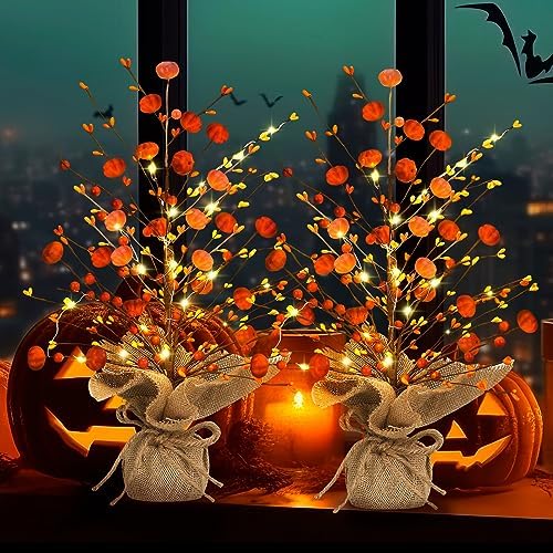 Ganeen 2 Pcs LED Fall Tree 18 Inch Tabletop Pumpkin Berry Decor - Image 5