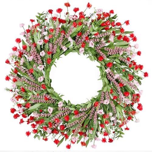 26" Floral Wreath, Artificial Spring Wreaths for Front Door, with Wildflower Portulaca Flowers,Indoor Outdoor Porch Window Wall Home Decor for Valentine’s Day Easter, Summer & Wedding Red Pink by Zmtyykh