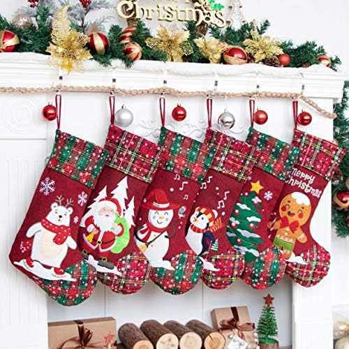 LUBOT 6 Pack Christmas Stockings(21inch) Embroidered Linen Applique Burlap Fireplace Hanging Christmas Stocking Ornament for Family Decorations Holiday Xmas Gift by LUBOT