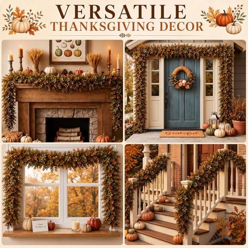 XunYee 6 ft Fall Garland Artificial Boxwood Leaves Fall Garland for Mantle - Image 6