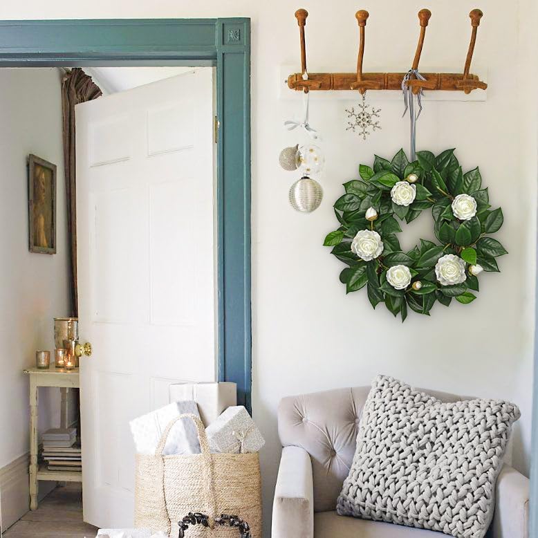 20" Artificial Wreath for Front Door White Camellia Wreath Greenery for Easter Spring Housewarming Wedding Farmhouse Mantel Door Decoration - Image 3