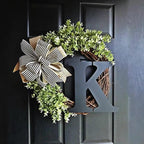 Monogram Initial Letter Wreaths for Front Door with Striped Linen Bow & Fake Green Grass on Grapevine Base Farmhouse Style Rustic Door Decor Spring Summer Green Wreath, L - Image 2