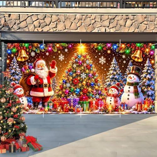 7x16FT Christmas Tree Snowman Garage Door Cover Decorations Merry Christmas Garage Door Banner for Outdoor Indoor Christmas Decorations Party Photography Backdrop - Image 5