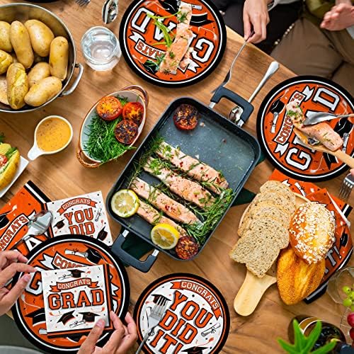 Graduation Party Supplies Dinnerware Set orange Disposable dinner paper plates dessert paper plates and Napkins for Congrats Grad Party Decorations, Serve 50 - Image 6