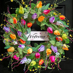 Summer Spring Wreaths for Front Door 26 Inch, Tulip Spring Summer Wreath with Welcome Sign, Artificial Floral Spring Door Wreath for Outdoor Front Door, Farmhouse Seasonal Summer Wreath by SoomeirWreath