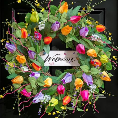 Summer Spring Wreaths for Front Door 26 Inch, Tulip Spring Summer Wreath with Welcome Sign, Artificial Floral Spring Door Wreath for Outdoor Front Door, Farmhouse Seasonal Summer Wreath by SoomeirWreath