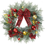 Sggvecsy 20 Inch Artificial Christmas Wreath for Front Door with Pine Needles Red Berries Pine Cones Buffalo Plaid Bow Christmas Ball Decorations for Winter Wall Outdoor Home Holiday Xmas Decor by Sggvecsy