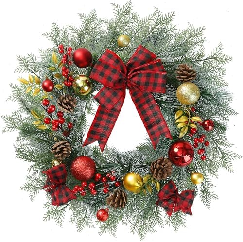 Sggvecsy 20 Inch Artificial Christmas Wreath for Front Door with Pine Needles Red Berries Pine Cones Buffalo Plaid Bow Christmas Ball Decorations for Winter Wall Outdoor Home Holiday Xmas Decor by Sggvecsy