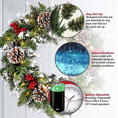 Christmas Wreath for Front Door, Pre-lit Christmas Winter Home Adornment Wreath with 50 Lights and Mixed Decorations for Front Door Indoor Window Wall Décor (18 inch - Battery Not Included) - Image 3