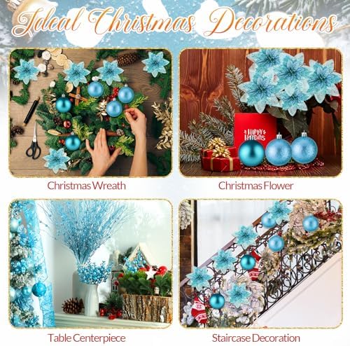 Realspring 72 Pieces Christmas Tree Ornament Set Xmas Assorted Decorations Bulk Glitter Poinsettia Berry Picks Topper Star Sequin Tree Skirts for Home Wreaths Holiday Party Favors (Light Blue) - Image 4