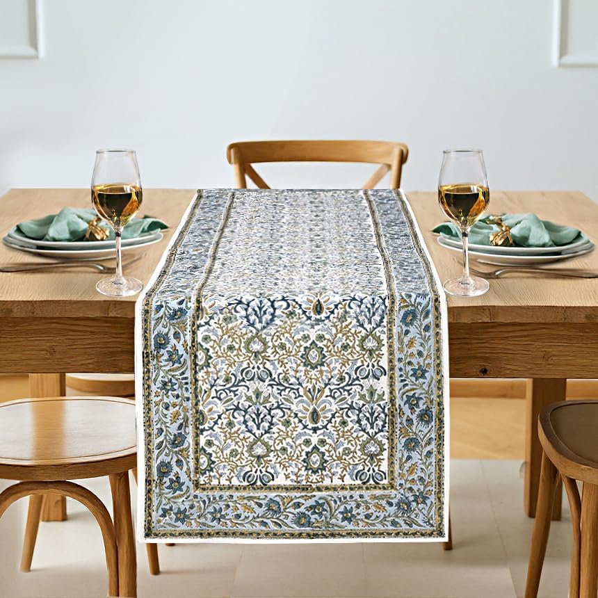 Ridhi Hand Block Print Table Runner Indigo Floral 16x106 Inch 100% Cotton by Ridhi