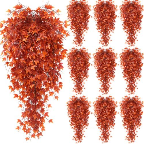 Daifunli 12 Pcs Artificial Fall Hanging Plants Fake Hanging Ferns Plastic Autumn Faux Plants for Wall Room Garden Garland Indoor Outdoor Decor No Basket (Maple Leaves) by Huiinen