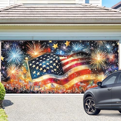 ANNA QUEEN Garage Door Banner 6x13FT, Large Patriotic Garage Door Cover with Flag & Fireworks Outdoor, Garage Decoration for Parties Home Decor - Image 2