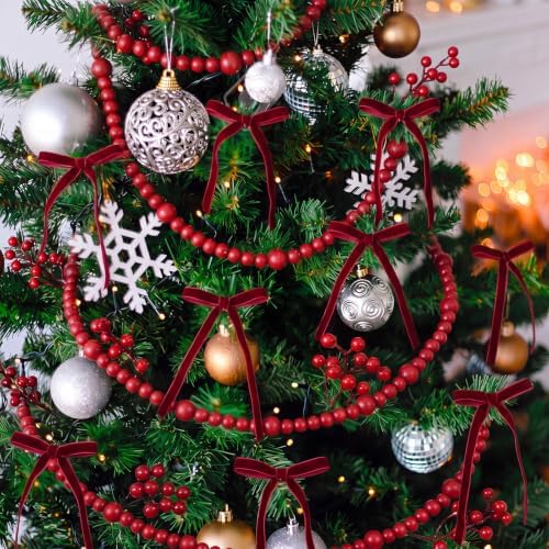 WinnerWhy 49 Pcs Christmas Garland Set, Wood Bead Holly Berry Velvet Bows - Image 3