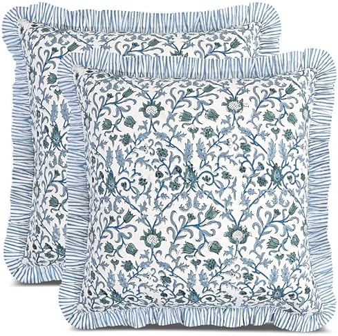 CPC Ocean Vine Hand Block Print 100% Cotton Ruffle Throw Pillow Cover 24x24 inch with Hidden Zipper Decorative for Couch, Bed, Sofa, Farmhouse, Cottagecore Decor Gift Christmas Fall Thanksgiving by COTTONPRINTCLUB