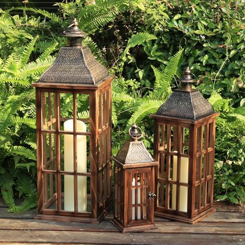 Large Farmhouse Wooden Metal Lantern Set of 3, 27''/22''/15'' H Rustic Decorative Indoor & Outdoor Hanging Candle Lanterns, Wooden Outdoor Lanterns for Patio Front Porch Table, Brown by DECORKEY