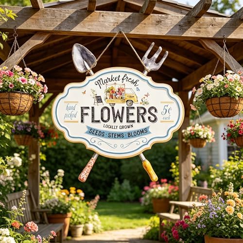 Vintage Metal Garden Sign, Decorative Wall Decor with Shovel & Rake Accents - "Market Fresh Flowers" Rustic Farmhouse Wall Art for Outdoor, Porch, Patio, 18.3" x 17.72" by Unknown