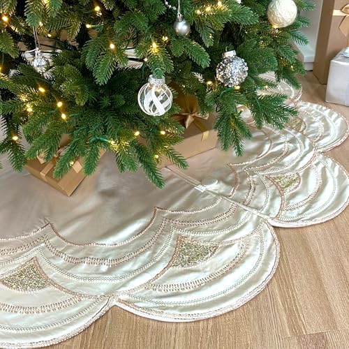 72-Inch Beaded Scalloped Satin Christmas Tree Skirt, Pearl White by StarryDynamo