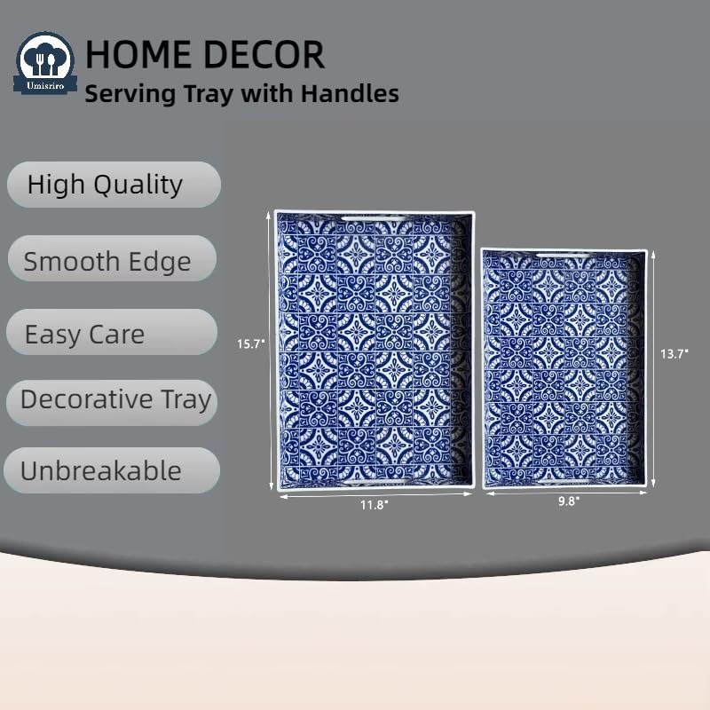 2 Pack Serving Tray with Handles, Rectangular Decorative Trays for Coffee Table, Modern Blue Plastic Ottoman Tray for Living Room, Bathroom, Kitchen, Decor, (Boho Blue) - Image 3