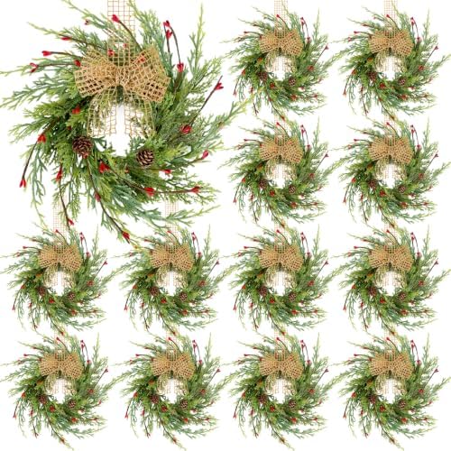 12 Pcs 9 Inch Christmas Wreaths for Kitchen Cabinet Artificial Cedar Pine Hanging Wreath with Red Berries Pine Needles for Front Door Xmas Swag Wreaths for Christmas Winter Farmhouse Home Decorations by Unknown