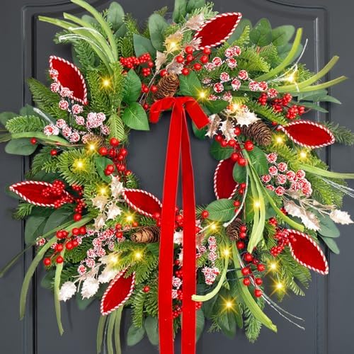 Christmas Wreath with Lights,Outdoor Pre-lit Christmas Wreaths for Front Door-24 Inch Xmas Door Wreath with Pine Needles Pine Cones and Red Berries- Farmhouse Home Christmas Decorations by ArcadiaArt