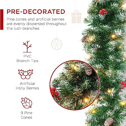 Best Choice Products 9ft Pre-Lit Holiday Pre-Decorated Christmas Garland for Stairs, Fireplace, Decoration w/PVC Tips, 50 Lights, Pine Cones, Berries - Semi-Flocked - Image 3