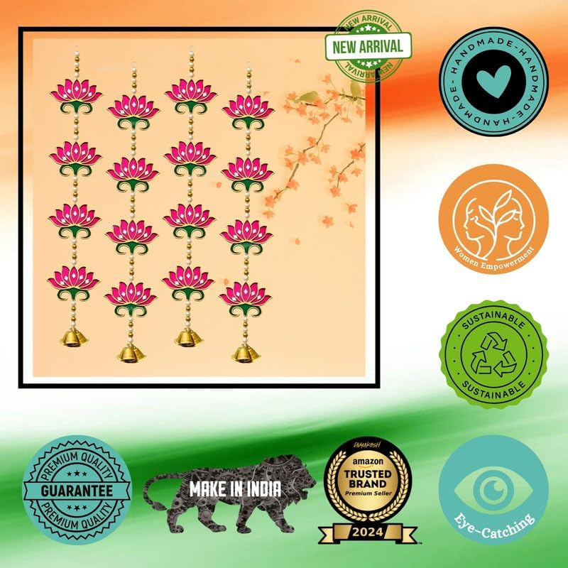 Divyakosh Door Hangings for Home | 4 Pink Latkans, Size - 24 Inch Each | Temple & Pooja Decoration Items, Lotus with Bell Hanging - Image 7