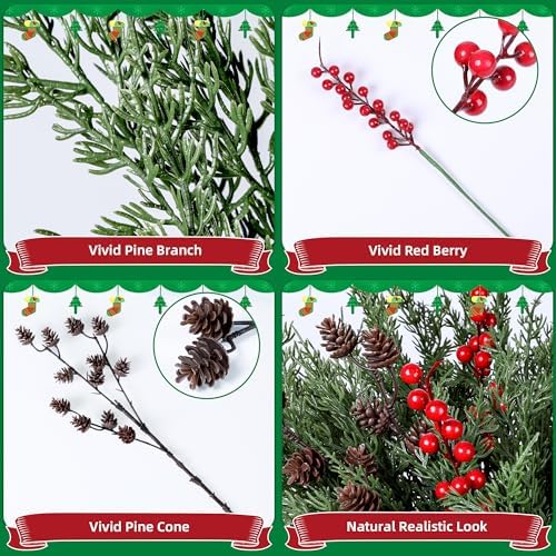 Faux Cedar Stems Artificial Norfolk Pine Branches for Christmas Decorations, 17 PCS Faux Pine Stems with Pinecones Red Berries Branches Realistic Faux Greenery for Vases DIY Garland Xmas Table Indoor - Image 6