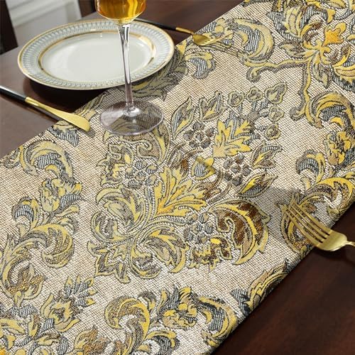 Large Dinner Table Runner Jacquard Chenille Floral Tablecloths Beige 120" - Image 5