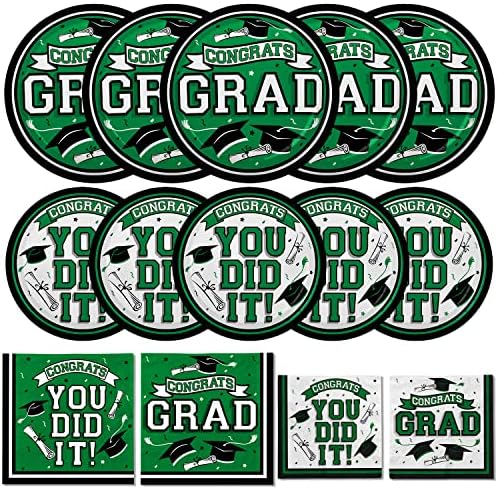 Gatherfun Graduation Party Supplies Dinnerware Set green Disposable dinner paper plates dessert paper plates and Napkins for Congrats Grad Party Decorations, Serve 50 by Gatherfun