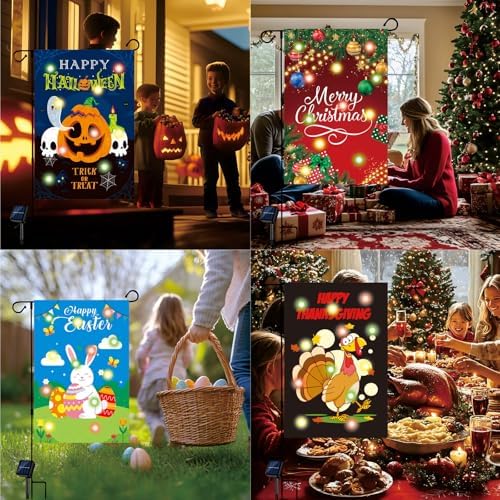 12 Pcs Double Sided Solar LED Seasonal Garden Flags - 12x18 Inch Waterproof Burlap Yard Flags for Patio Lawn Yard Porch Decor (Color 1) - Image 4