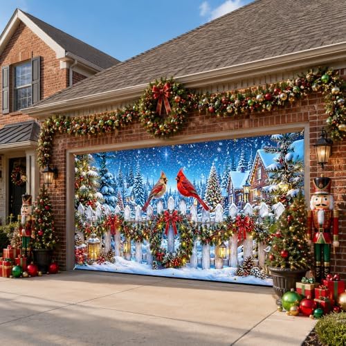 157.5 x 70.9 in Christmas Garage Door Decorations, Large Holiday Garage Door Banner with Winter Snow Scene, Cardinal Birds and Pine Trees Pattern, Outdoor Christmas Decorations for Home Yard Driveway - Image 4