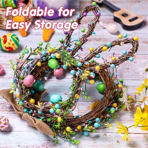 Easter Bunny Wreaths for Front Door with Lights, 24" Easter Green Rabbit Wreaths with Eggs,Twig and Berries,Bowknot, Spring Wreath for Decorations Home Farmhouse Outdoor Indoor Wall Mantel Window - Image 3