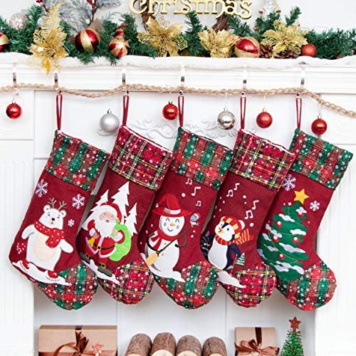 LUBOT 5 Pack Christmas Stockings(21inch) Embroidered Linen Applique Burlap Fireplace Hanging Christmas Stocking Ornament for Family Decorations Holiday Xmas Gift by LUBOT