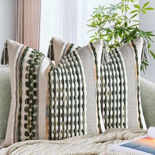 AmHoo Set of 2 Chenille Striped Textured Boho Throw Pillow Covers Aesthetic with Tassels Woven Decorative Pillow Case for Couch Bed Sofa Bedroom Modern Funky 18 x 18-Inch Sage Green by AmHootextile