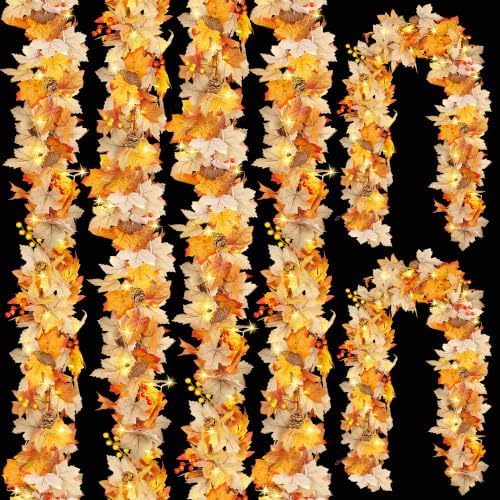 CQURE 6 Pack Fall Leaf Garland with Lights,35.4Ft 60LED Fall Decorations Maple Leaves String Lights, Artificial Autumn Garland for Thanksgiving Halloween Harvest Home Party by CQURE